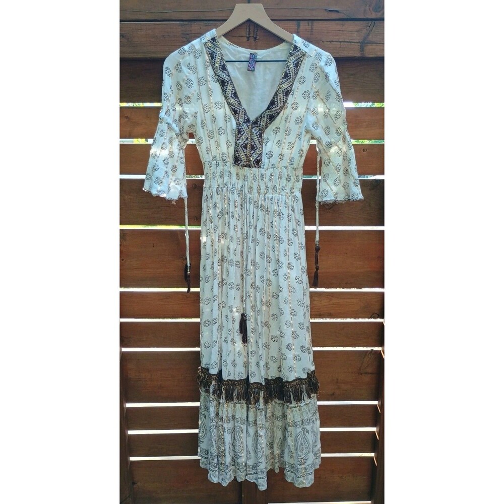 Anthropologie Me 2 Magic Small Cream Floral Boho Metallic Neutral LightDress